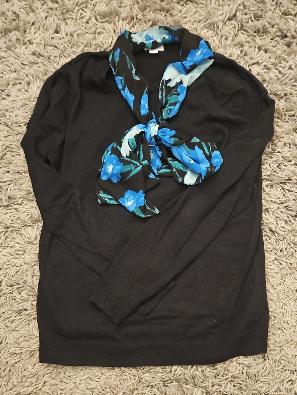 J. Crew Black Long-Sleeve Top with Blue Floral Scarf